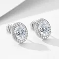 Elegantes pendientes de botón ovalados en plata 925 con halo de circonitas brillantes - Plata 925 / Plateado