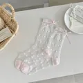 Sweet sheer white mesh mid-calf socks featuring heart patterns and pink decorative bows - One Size / Heart Pattern (Light Pink)