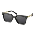 Fashionable square frame sunglasses with textured gold temples and black frames. - Black