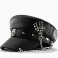 Black PU leather baker boy hat with gothic skull, skeleton hand and chain decor - One Size / Gothic Skull Black