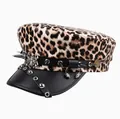 Punk leopard print baker boy hat with black leather band spikes and spider detail - One Size / Leopard Spider Khaki