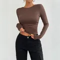 Elegant coffee brown slim-fit crewneck knit long sleeve top for women in Y2K style - S / Brown