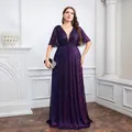 Elegante abito da sera taglie forti con paillettes viola e scollo a V - 1XL / Viola