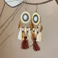 Close-up of bohemian resin tassel earrings with gold leaf charms and cotton tassels - 13# Ear Hook - Gold - Coffee - White (Three-color Mixed Tassel)