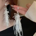 Close-up view of elegant white feather tassel earrings featuring sparkling crystal studs - 19# Silver Pin - Silver - White (Crystal Faux Pearl Feather Tassel)