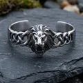 Viking style titanium steel lion head open bangle with intricate knotwork details - Vintage Silver Lion Head Cuff Bracelet