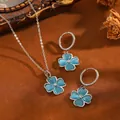 Eleganter blaues Katzenauge-Glücksklee-Schmuckset: Halskette und Creolen aus Edelstahl - T063 Silbernes Und Blaues Vierblättriges Kleeblatt-set