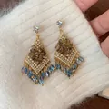 Vintage goudkleurige geometrische druppeloorbellen met blauwe kristallen kwastjes - 2# Zilveren Pin - Goud - Blauw