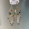 Vintage colorful crystal water drop tassel earrings with silver needle ethnic style - 3# Ear Hook - Gold - Green - Red