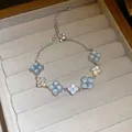 Elegant silver adjustable bracelet with blue clover stones and sparkling zircons - 34# Bracelet - Silver - Blue