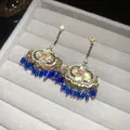 Vintage ethnic style tassel drop earrings with blue crystal beads on gold frame - 36# Stud Earrings - Gold - Blue