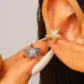 Detail view of sea-inspired starfish ear cuff with sparkling zircons on a model's ear - Starfish (2 Pieces) / Multicolor