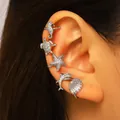 Detailed view of zircon-paved sea creature ear cuffs featuring seahorse and starfish - Ear Cuffs (5-Piece Set) / Silver
