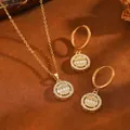 Detailed shot of gold-plated French style round CZ pendant necklace and earrings jewelry set - Round Set / Gold
