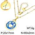 Collar de acero inoxidable signo Cáncer con colgante redondo de esmalte azul y mapa - Cáncer / Dorado