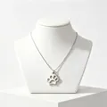 Detailed macro shot of a minimalist silver stainless steel pet paw print pendant necklace - Steel