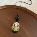 Collana etnica in legno a forma di goccia con bottoni decorativi e nappa verde - Stile Etnico con Bottone e Nappina (10#) / Nero