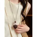 Handmade retro Maillard style dark wood heart pendant necklace for women on model - Coffee & White - Combo