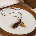 Vintage brown resin and wood bead sweater chain necklace in Maillard aesthetic. - Coffee - Resin Leaf