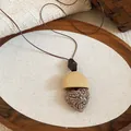 Vintage heart-shaped pendant necklace with resin carving and brown cord, Maillard style. - Black & Khaki - Heart Shape