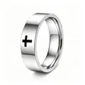 Close-up detail of a polished stainless steel ring featuring an engraved black cross - Size 5 / 6mm Width / Silver