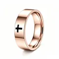 Close-up of rose gold stainless steel ring featuring a minimalist black cross design - Size 5 / 6mm Width / Rose Gold