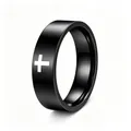 Detailed close-up showing the white cross pattern on a black stainless steel ring band - Size 5 / 6mm Width / Black
