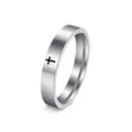 Detailed view of a minimalist stainless steel ring with a black cross engraving. - Size 5 / 4mm Width / Silver