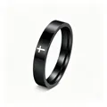 High-quality detail view of a black stainless steel ring featuring a white cross pattern - Size 5 / 4mm Width / Black