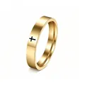 Detailed view of gold stainless steel ring with minimalist black cross engraving - Size 5 / 4mm Width / Gold
