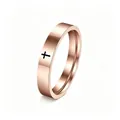 Detail view of a rose gold stainless steel ring with a black engraved cross pattern - Size 5 / 4mm Width / Rose Gold