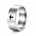 Detail of a punk style stainless steel ring featuring a black cross design on silver band - Size 5 / 8mm Wide / Silver