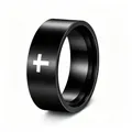 Detailed macro shot of a black stainless steel punk ring featuring a white cross emblem design - Size 5 / 8mm Wide / Black