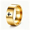 Macro detail of a high-quality gold stainless steel ring with a minimalist black cross. - Size 5 / 8mm Wide / Gold