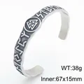 Vintage men's stainless steel Nordic Viking rune open cuff bracelet with Valknut motif - Style C Steel Color (KB214928-MZOZ)