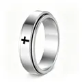Close-up of a silver stainless steel spinner ring with a black cross design - Size 5 / Silver