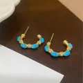 Vintage gold plated hoop earrings featuring blue turquoise stones and sparkling zircons - 19# Real Gold-Plated Silver Needle Earrings - Gold & Blue