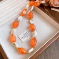 Chic vibrant orange and white acrylic oval bead necklace featuring gold-tone metal spacers - Orange Marble Beads & Glossy White Beads Double Layer Style / 40# White-Orange (Double Layer)
