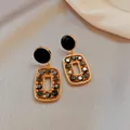 Elegant vintage gold-plated rectangular hollow drop earrings with dark crystal studs - Black