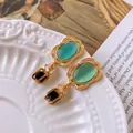 Luxurious vintage palace style dangle earrings with green cat-eye stone and black gem - 6# Silver Needle - Gold (genuine Gold Plating)