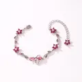 Élégant bracelet argenté avec fleurs en zircon rose, feuilles et nœud central - Style Horizontal-Or Blanc-Zirconia Rouge Rose