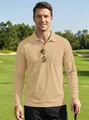 Men's solid tan long-sleeve mesh polo shirt with chest pocket for outdoor golf - Khaki