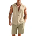 Ensemble d'été pour homme en lin décontracté chemise sans manches à capuche et short - S / Khaki Clair