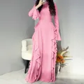 Elegantes rosa langärmliges Maxikleid mit femininen Volantdetails für Herbst und Winter - S / Rosa