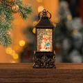 Vintage bronze Christmas music lantern featuring a snowman scene and swirling glitter snow - Vintage Square Lamp Snowman (7*7*18cm 605g)