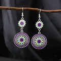 Vintage bohemian style enamel sunflower drop earrings featuring colorful floral details - Purple Sunflower Style (E5208)