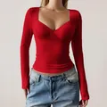 T-shirt sexy rouge à manches longues avec décolleté en V profond et col en cœur élégant - XS / Rouge