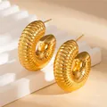Close-up of gold-plated ribbed hoop earrings with lustrous titanium steel finish - Gold Threaded Texture C-Shape Hoop (BJGE1361)