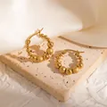 Luxury golden titanium steel beaded hoop earrings featuring smooth and frosted finishes - Gold Bead Spliced Hoop Earrings (BJGE1233)