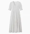 Elegant white V-neck floral embroidered midi dress with buttons and ruffle sleeves - S / White
